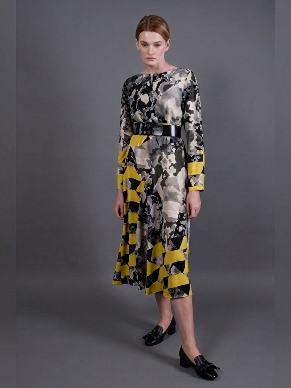 Dries Van Noten Geometric Print Dress in Black and White / Yellow in size 34 / 2
